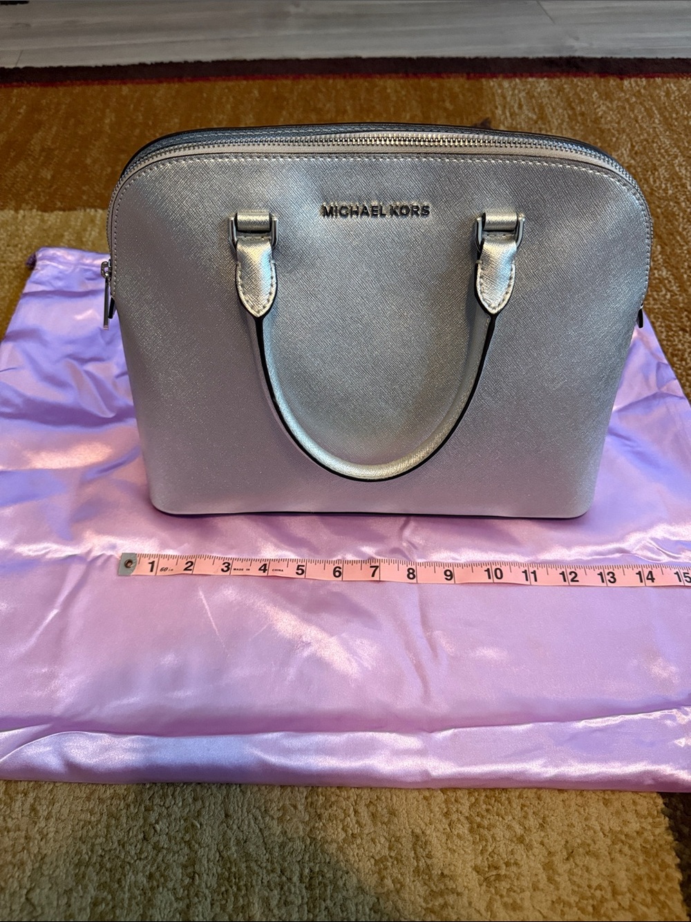 Michael Kors Silver Saffiano Dome Satchel